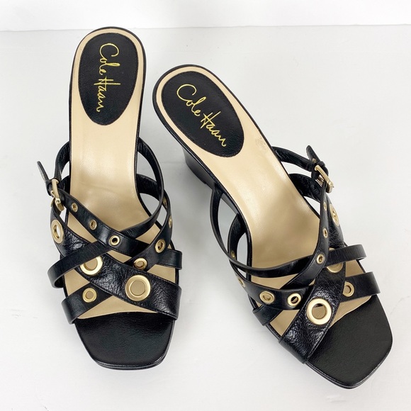 Cole Haan Black Strappy Wedge Leather Sandals - Picture 6 of 12